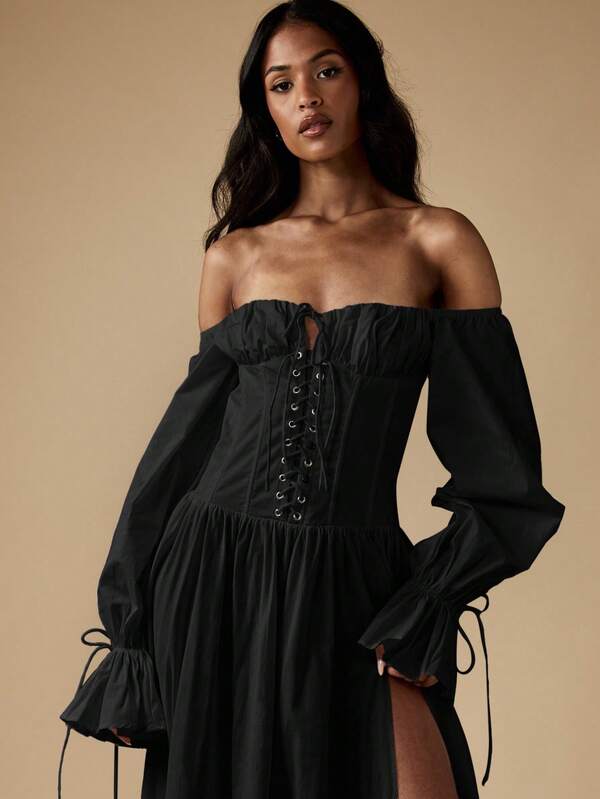 Missguided MISSGUIDED Off Shoulder Corset Maxi Dress With Puffy Sleeves