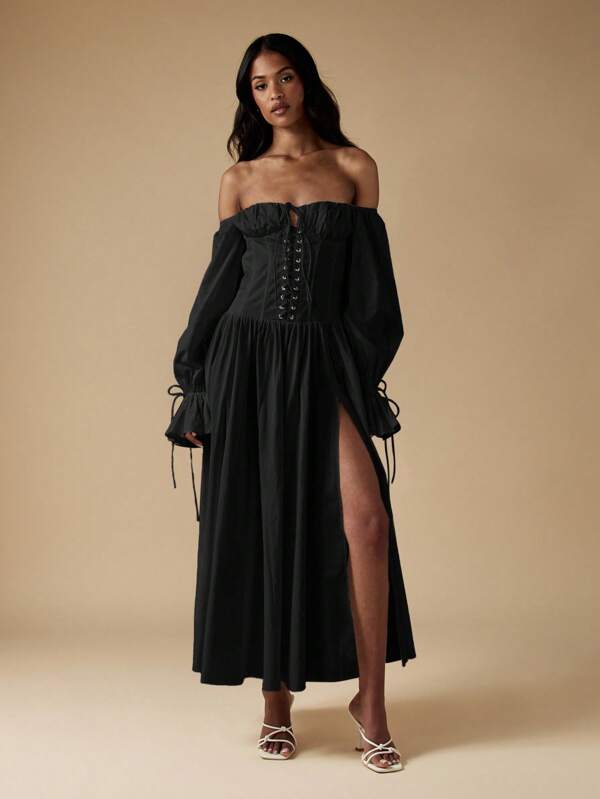 missguided MISSGUIDED Off Shoulder Corset Maxi Dress With Puffy Sleeves