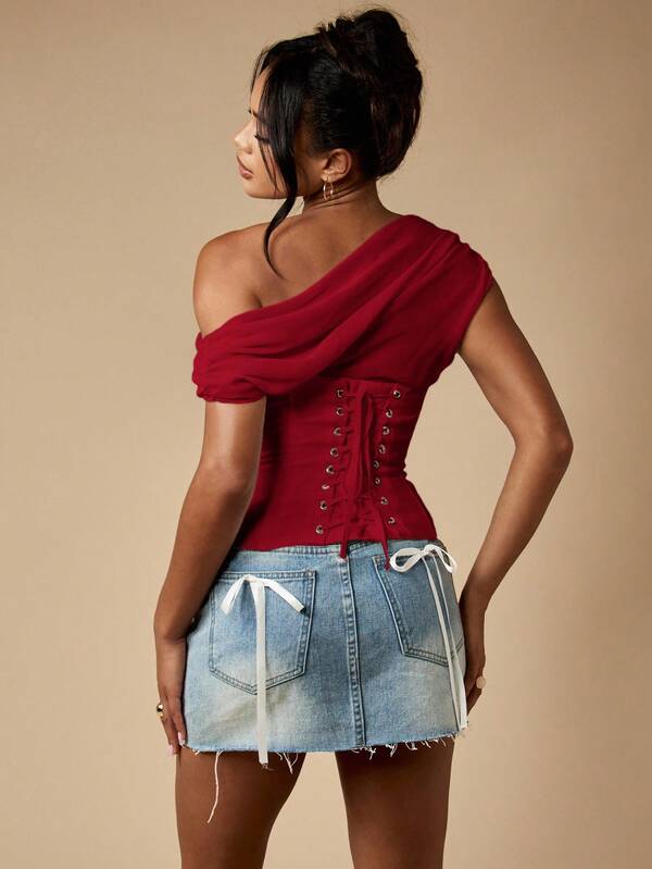 Missguided MISSGUIDED Off Shoulder Corset Top With Lace Up Back