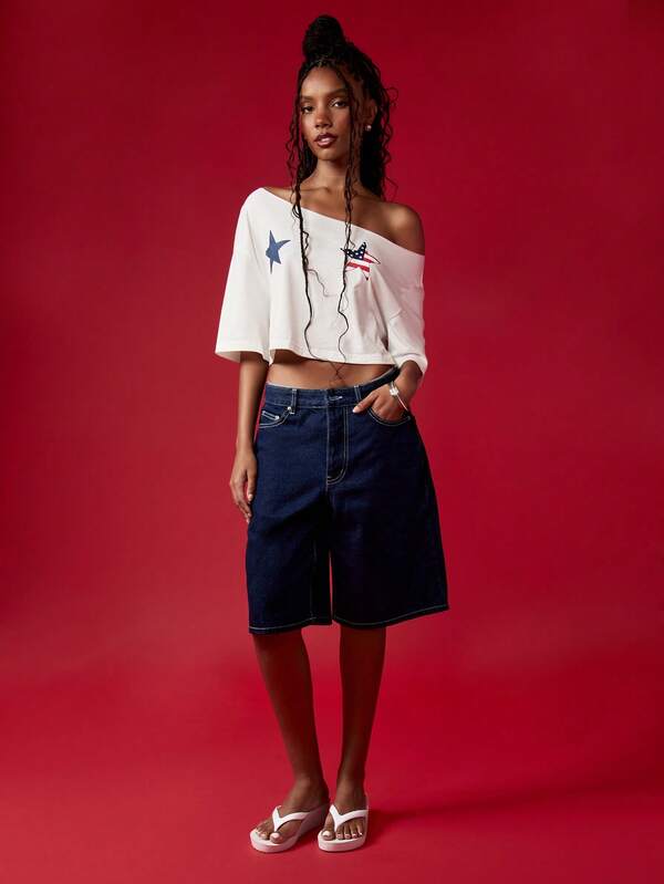 Missguided MISSGUIDED Off Shoulder Crop Star Print T-Shirt