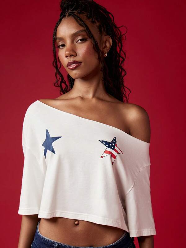 missguided MISSGUIDED Off Shoulder Crop Star Print T-Shirt