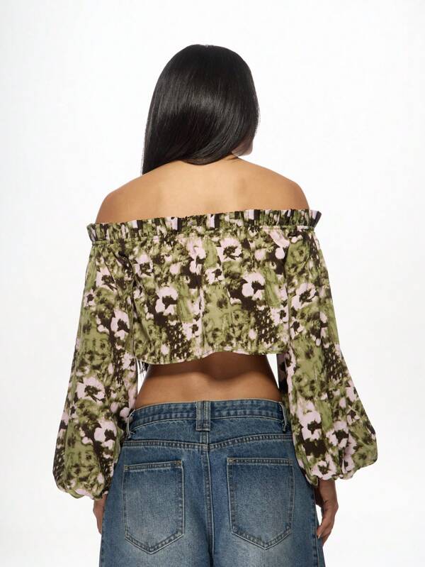 Missguided MISSGUIDED Off Shoulder Crop Top Tie Dye Print Camouflage Pattern Puff Sleeve