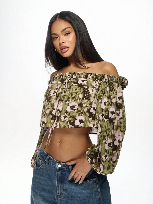 missguided MISSGUIDED Off Shoulder Crop Top Tie Dye Print Camouflage Pattern Puff Sleeve
