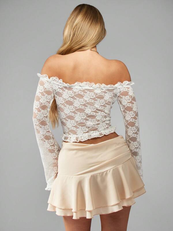 Missguided MISSGUIDED Off-Shoulder Crop Top With Lace Bell Sleeves Ruffle Tie-Front