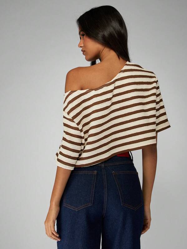 Missguided MISSGUIDED Off Shoulder Cropped Knit Top With Stripe Pattern