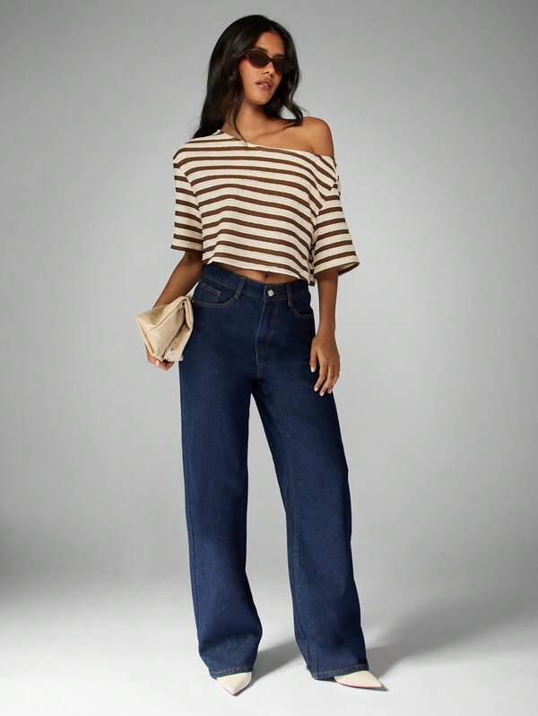 Missguided MISSGUIDED Off Shoulder Cropped Knit Top With Stripe Pattern