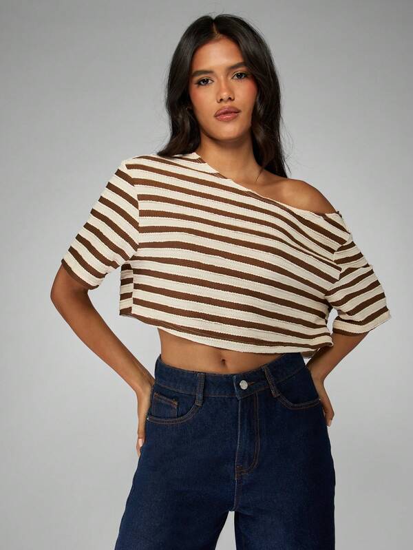 Missguided MISSGUIDED Off Shoulder Cropped Knit Top With Stripe Pattern