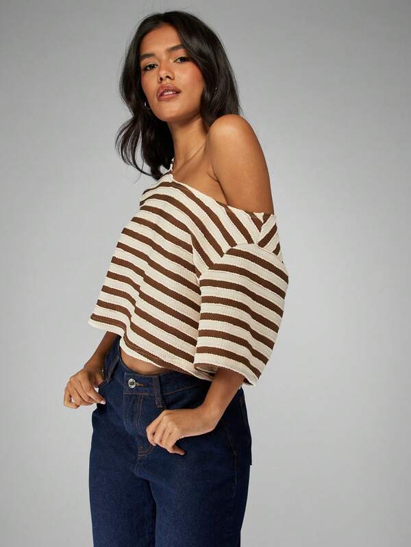 missguided MISSGUIDED Off Shoulder Cropped Knit Top With Stripe Pattern