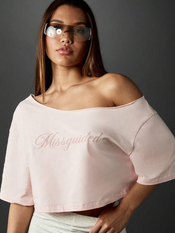 missguided MISSGUIDED Off Shoulder Cropped Logo T Shirt With Short Sleeves