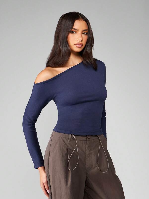 missguided MISSGUIDED Off Shoulder Fitted Long Sleeve Crop Top