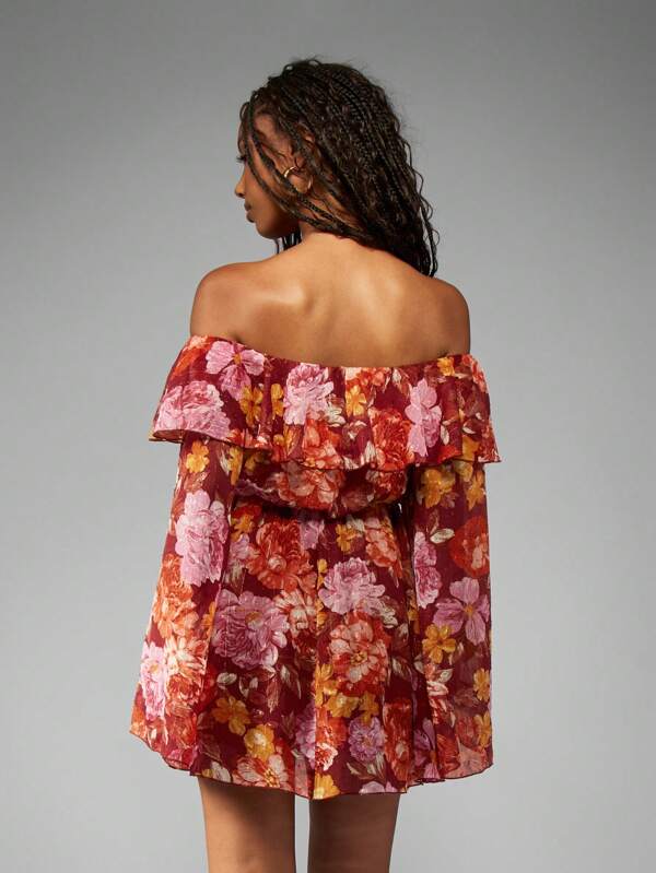 Missguided MISSGUIDED Off Shoulder Floral Bell Sleeve Ruffle Overlay Mini Dress