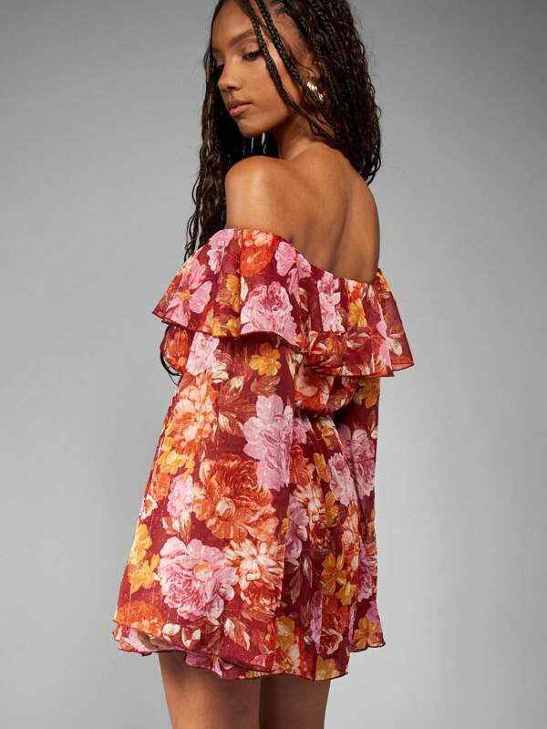 Missguided MISSGUIDED Off Shoulder Floral Bell Sleeve Ruffle Overlay Mini Dress