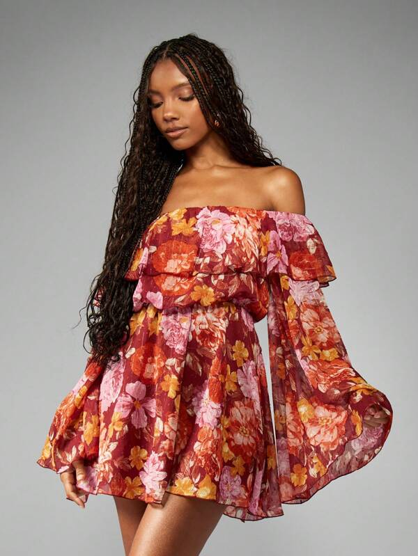 missguided MISSGUIDED Off Shoulder Floral Bell Sleeve Ruffle Overlay Mini Dress