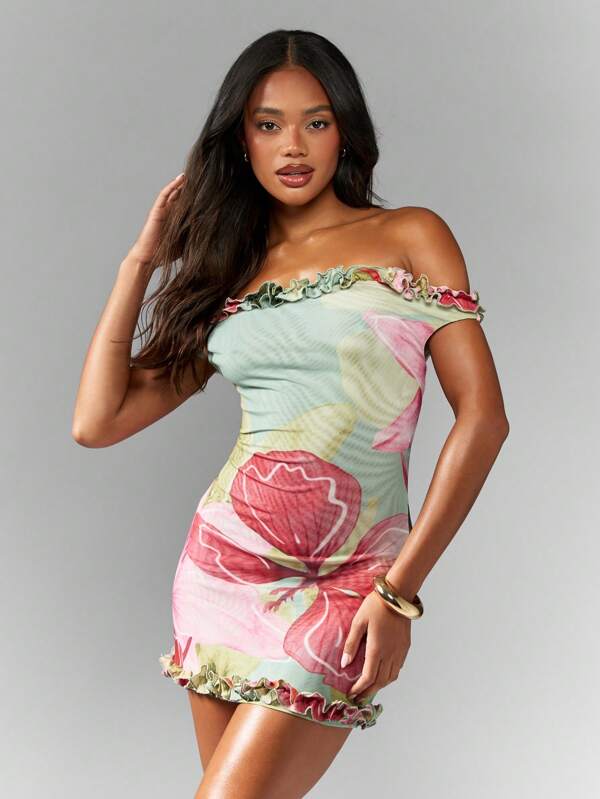 missguided MISSGUIDED Off Shoulder Floral Ruffle Trim Mini Dress