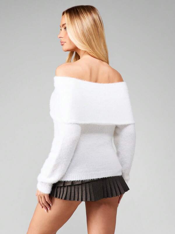 Missguided MISSGUIDED Off Shoulder Fuzzy Knit Sweater