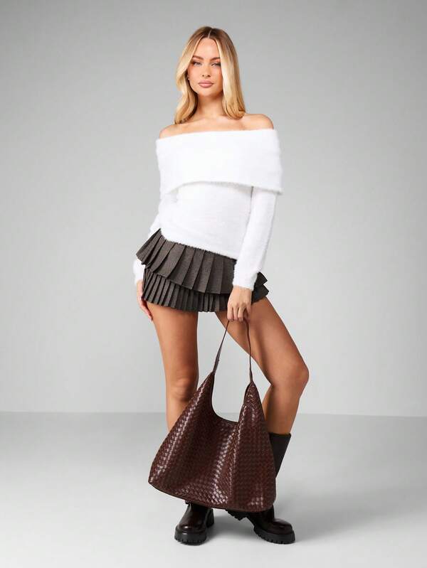 Missguided MISSGUIDED Off Shoulder Fuzzy Knit Sweater