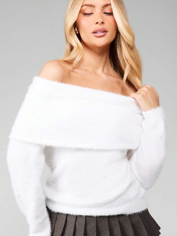 Missguided MISSGUIDED Off Shoulder Fuzzy Knit Sweater