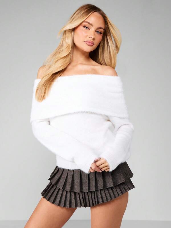 missguided MISSGUIDED Off Shoulder Fuzzy Knit Sweater