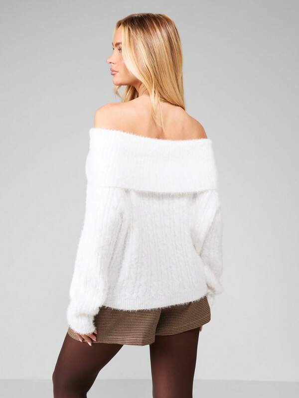 Missguided MISSGUIDED Off Shoulder Fuzzy Long Sleeve Sweater