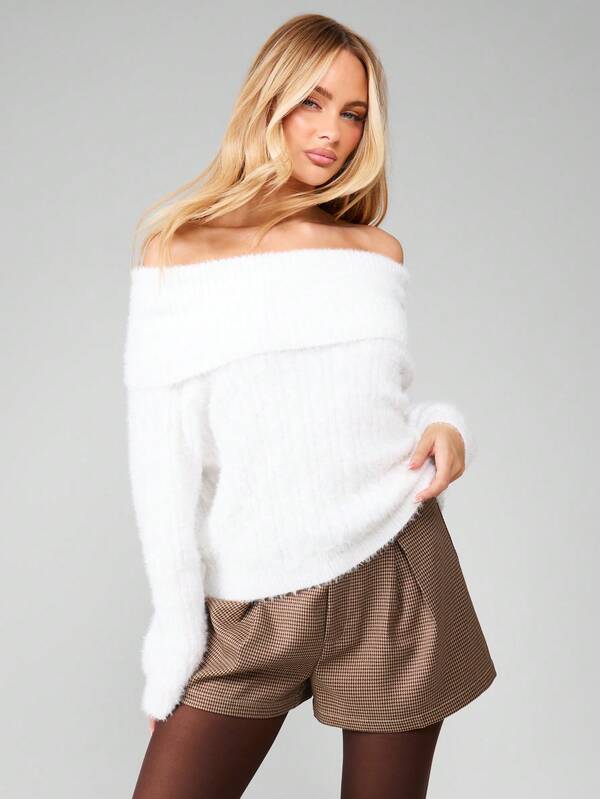 Missguided MISSGUIDED Off Shoulder Fuzzy Long Sleeve Sweater