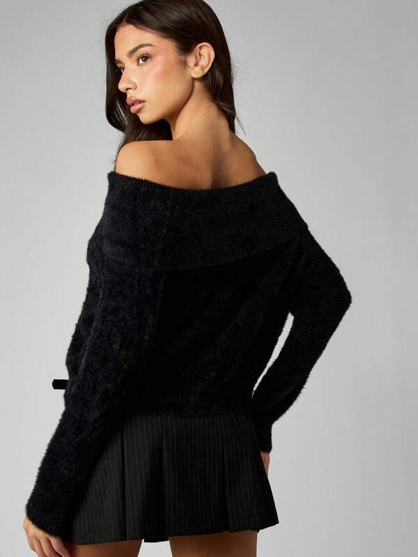Missguided MISSGUIDED Off Shoulder Fuzzy Long Sleeve Sweater