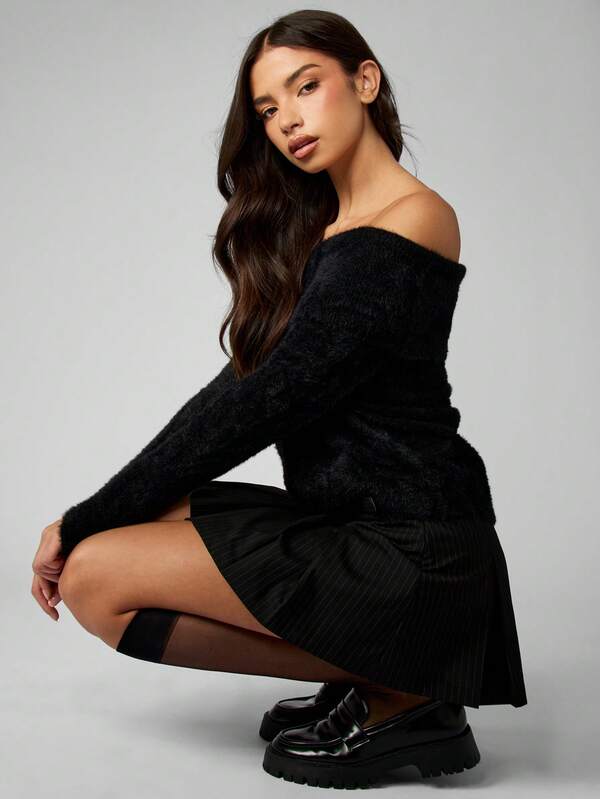 Missguided MISSGUIDED Off Shoulder Fuzzy Long Sleeve Sweater