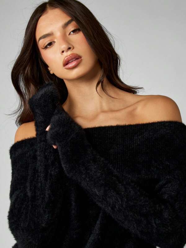 Missguided MISSGUIDED Off Shoulder Fuzzy Long Sleeve Sweater