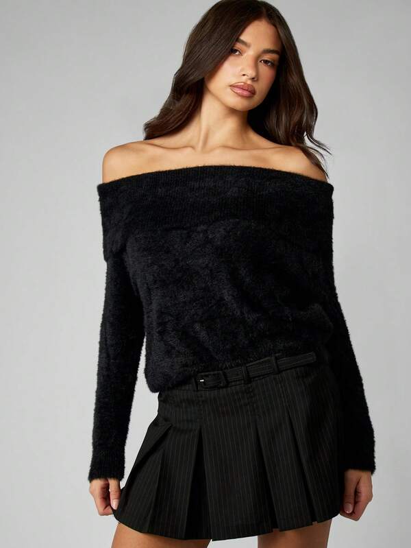 missguided MISSGUIDED Off Shoulder Fuzzy Long Sleeve Sweater
