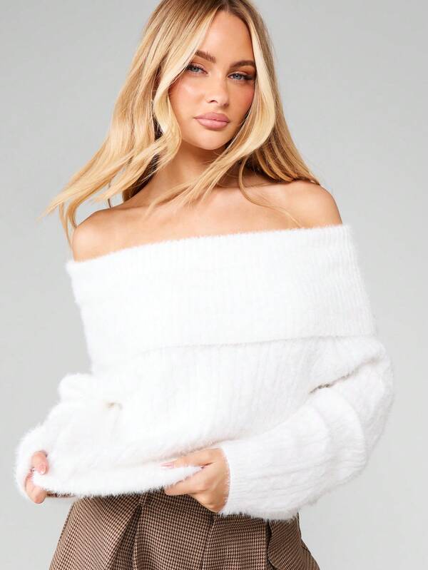 missguided MISSGUIDED Off Shoulder Fuzzy Long Sleeve Sweater