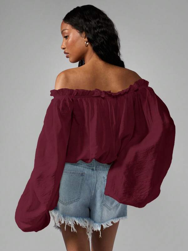 Missguided MISSGUIDED Off Shoulder Gathered Peasant Blouse With Balloon Sleeves