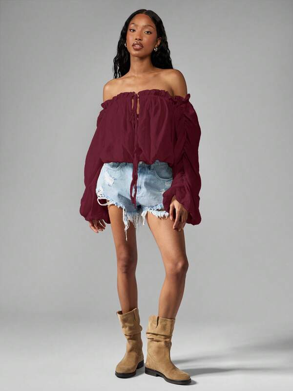 Missguided MISSGUIDED Off Shoulder Gathered Peasant Blouse With Balloon Sleeves