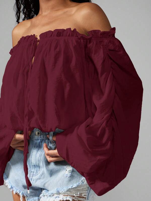 Missguided MISSGUIDED Off Shoulder Gathered Peasant Blouse With Balloon Sleeves