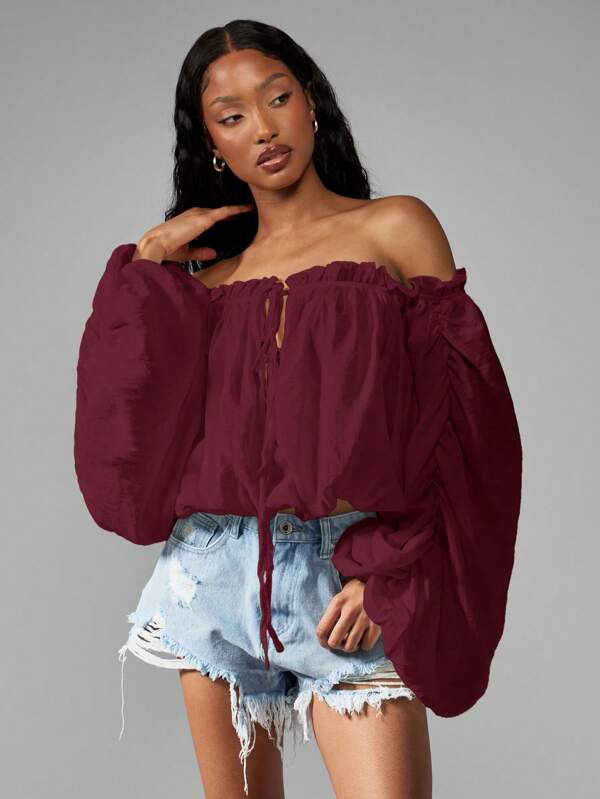 missguided MISSGUIDED Off Shoulder Gathered Peasant Blouse With Balloon Sleeves