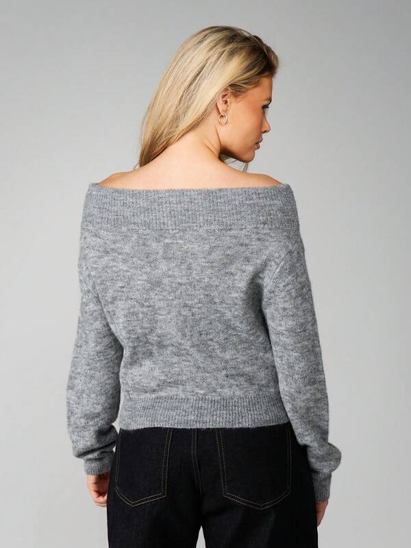 Missguided MISSGUIDED Off Shoulder Heathered Knit Cardigan With Ribbed Cuffs