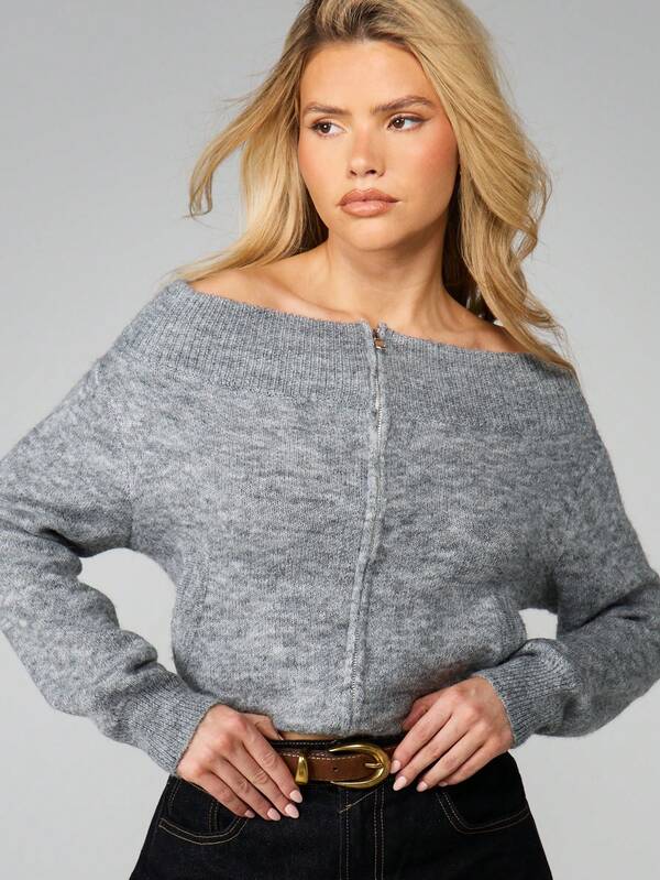 missguided MISSGUIDED Off Shoulder Heathered Knit Cardigan With Ribbed Cuffs