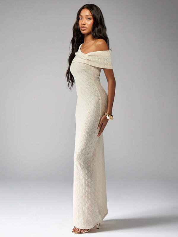 Missguided MISSGUIDED Off-Shoulder Knit Form-Fitting Full Length Maxi Dress