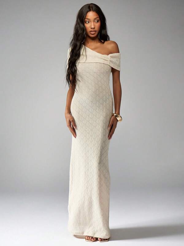 missguided MISSGUIDED Off-Shoulder Knit Form-Fitting Full Length Maxi Dress