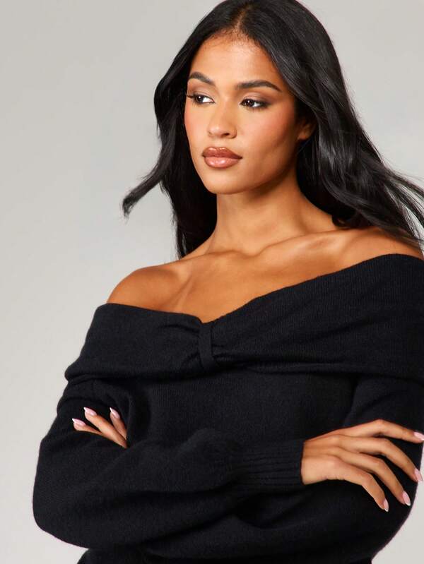 Missguided MISSGUIDED Off Shoulder Knit Sweater With Ruched Detail