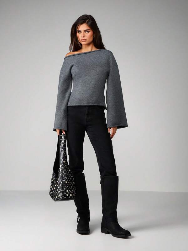 Missguided MISSGUIDED Off Shoulder Knit Top With Bell Sleeves