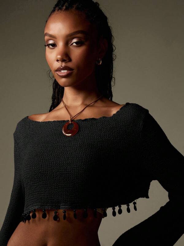 Missguided MISSGUIDED Off Shoulder Knitted Crop Top With Fringe Trim