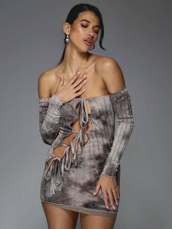 missguided MISSGUIDED Off Shoulder Knitted Mini Dress With Side Tie Details