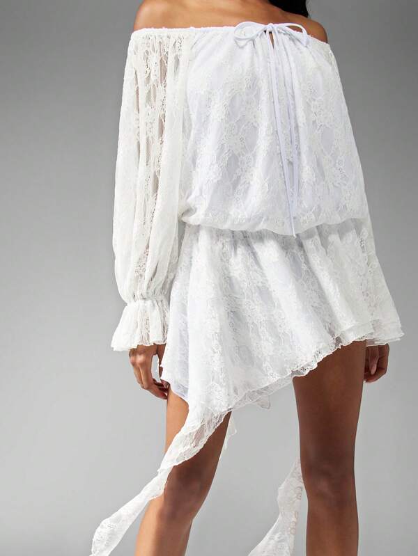 Missguided MISSGUIDED Off Shoulder Lace Balloon Sleeve High Low Ruffle Short Dress