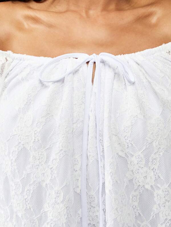 Missguided MISSGUIDED Off Shoulder Lace Balloon Sleeve High Low Ruffle Short Dress