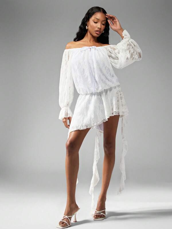 missguided MISSGUIDED Off Shoulder Lace Balloon Sleeve High Low Ruffle Short Dress
