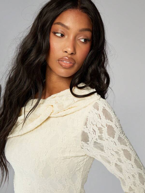 Missguided MISSGUIDED Off Shoulder Lace Long Sleeve Bodycon Mini Dress