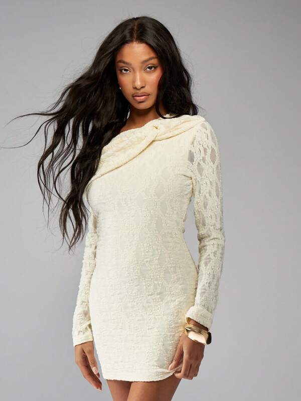 missguided MISSGUIDED Off Shoulder Lace Long Sleeve Bodycon Mini Dress
