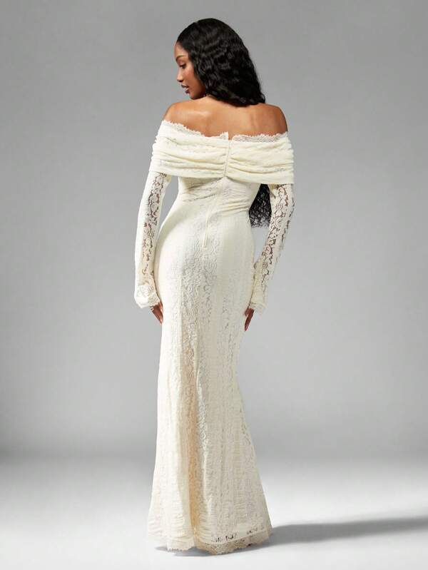 Missguided MISSGUIDED Off Shoulder Lace Mermaid Bell Sleeve Maxi Dress