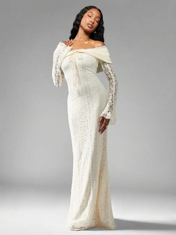 missguided MISSGUIDED Off Shoulder Lace Mermaid Bell Sleeve Maxi Dress