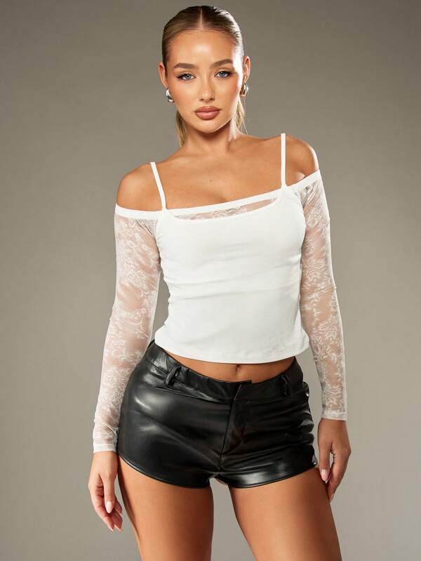 Missguided MISSGUIDED Off Shoulder Lace Sleeve Crop Top