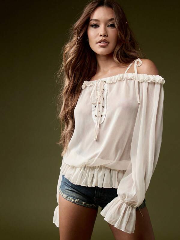 missguided MISSGUIDED Off Shoulder Lace Up Front Ruffle Hem Blouses